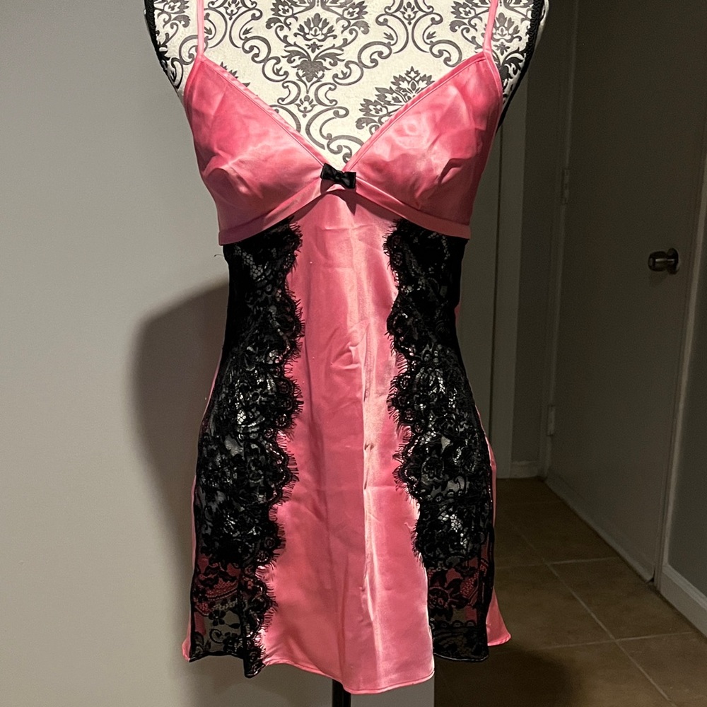 Victoria's Secret Pink Satin Chemise with Black Lace